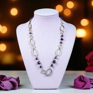 Silver Chain Necklace Amethyst Beads Oval Links Layered 22" & 26" Very Good